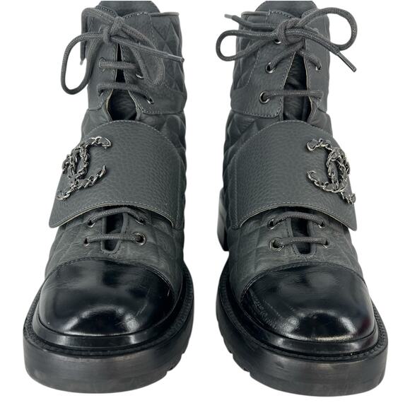 Chanel 2022 CC Chain Quilted Cap Toe Logo Combat Boots in Gray & Black - Picture 7 of 15